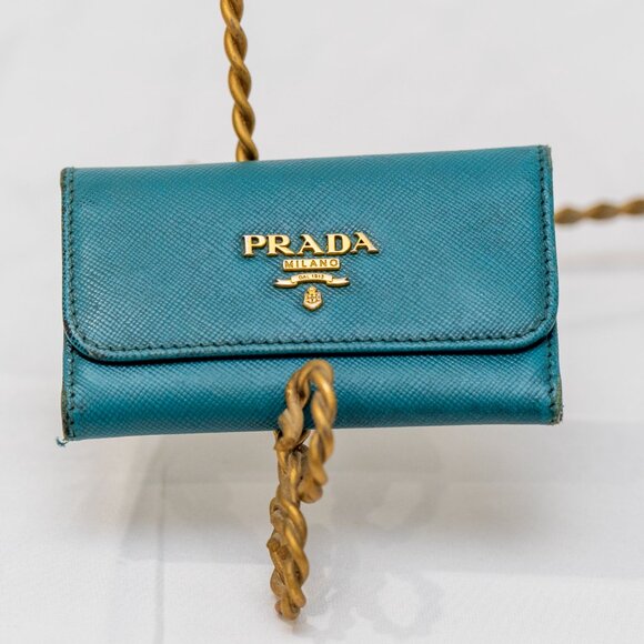 Prada Voyager Turquoise Saffiano Leather Key Holder   Trifold Mini Card Wallet - Picture 1 of 11